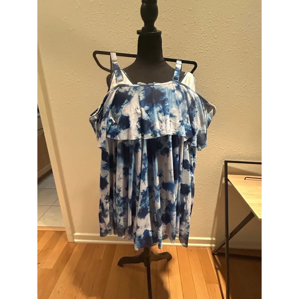 Women's BLOOMCHIC Plus Size 28 Blue White Tie-Dye One Piece Swimsuit - Picture 3 of 7